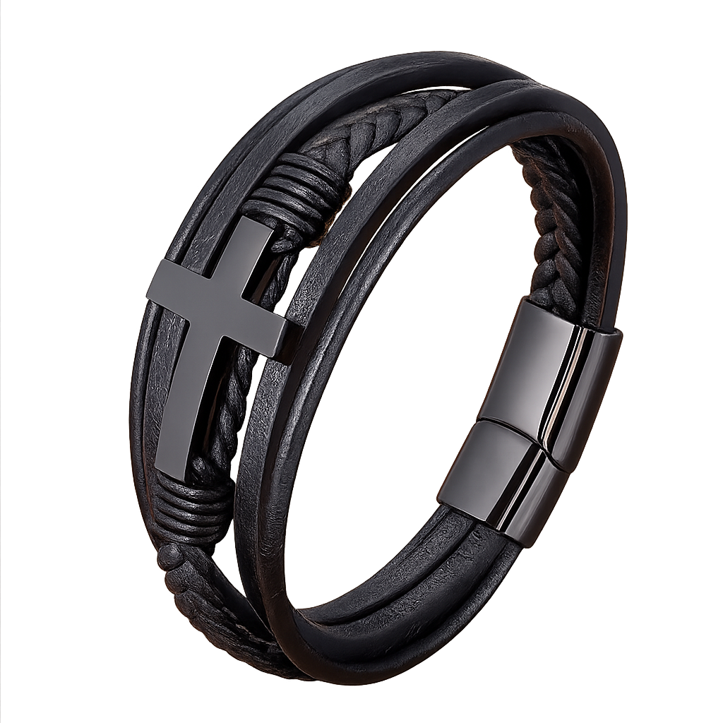 Pulseira Cruz da Fé em Couro com Cruz Metálica | Luxej ©