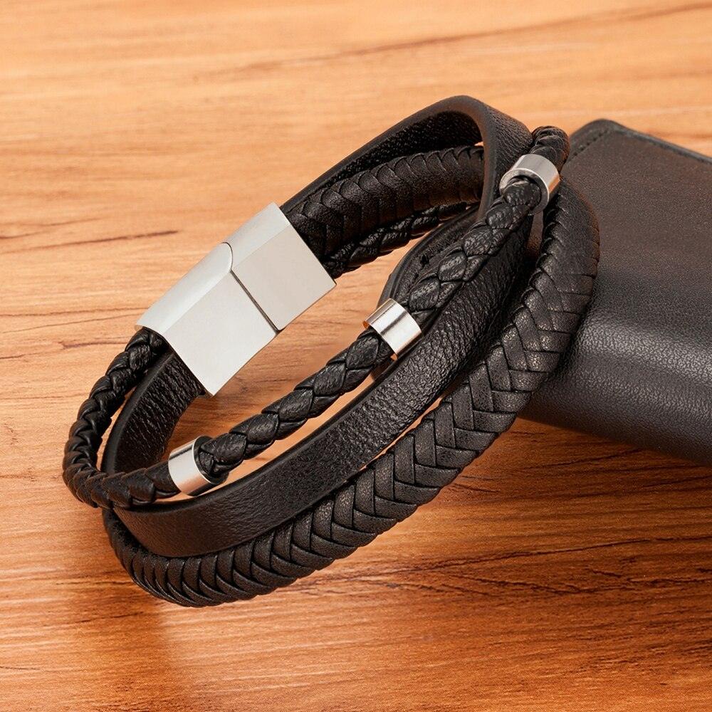 Pulseira Hansit Masculina em Couro Trançado com Fecho Preto Fosco | Luxej ©