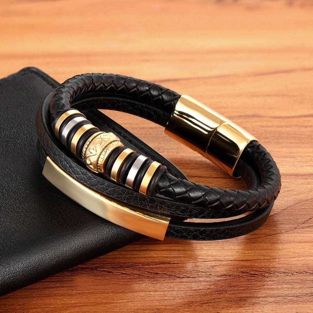 Pulseira Goldettrical de Couro Masculina com Detalhes Dourados | Luxej ©