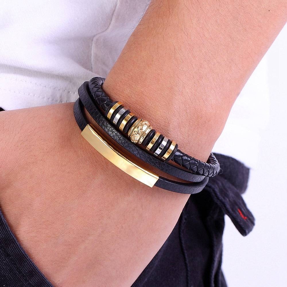 Pulseira Goldettrical de Couro Masculina com Detalhes Dourados | Luxej ©
