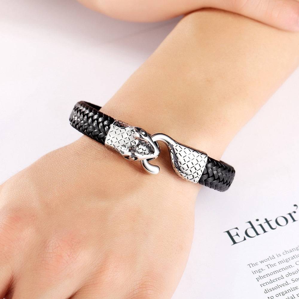 Pulseira Serpentrix Masculina em Couro Trançado com Detalhe de Cobra | Luxej ©