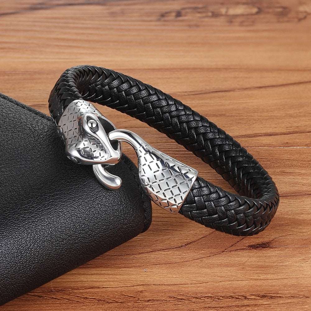 Pulseira Serpentrix Masculina em Couro Trançado com Detalhe de Cobra | Luxej ©