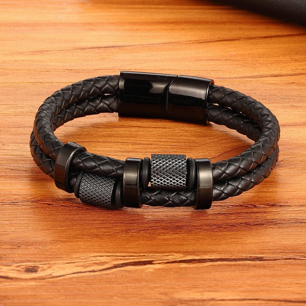 Pulseira Gueron Masculina em Couro Trançado com Detalhes Pretos | Luxej ©