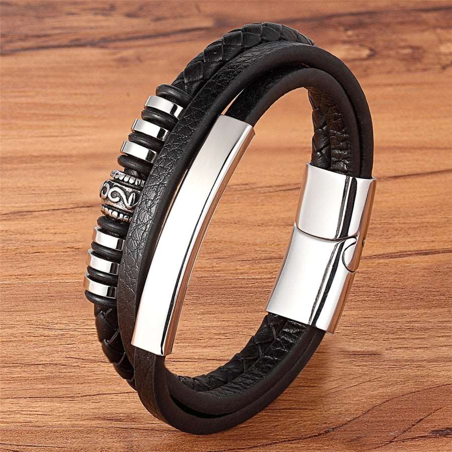 Pulseira Irregraphiks Masculina Minimalista em Couro com Aço Inoxidável | Luxej ©