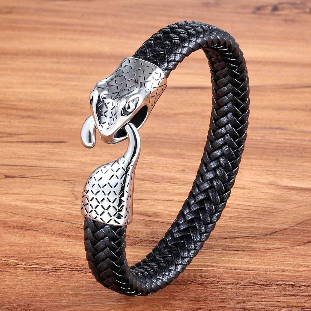 Pulseira Serpentrix Masculina em Couro Trançado com Detalhe de Cobra | Luxej ©