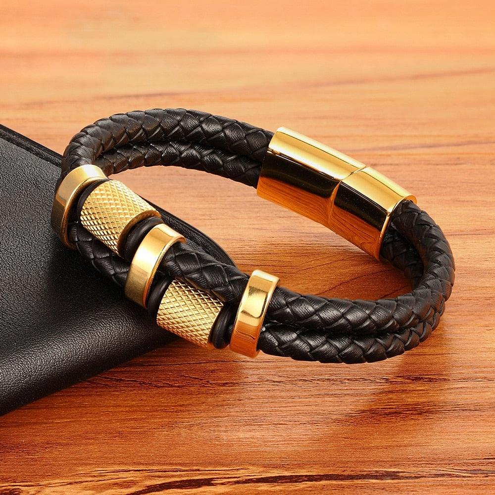 Pulseira Gueron Masculina em Couro Trançado com Detalhes Pretos | Luxej ©