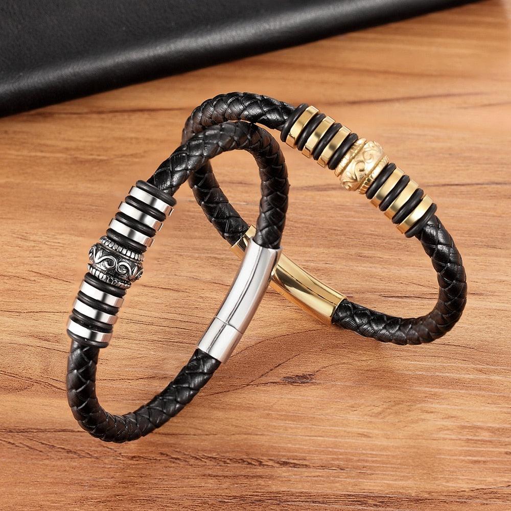Pulseira Graphik Masculina com Detalhes Dourados e Couro Trançado | Luxej ©
