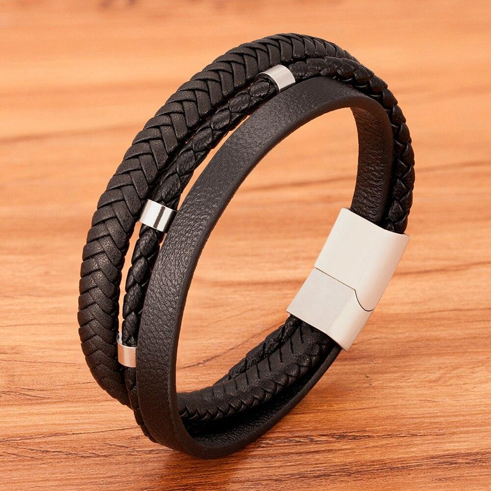 Pulseira Hansit Masculina em Couro Trançado com Fecho Preto Fosco | Luxej ©