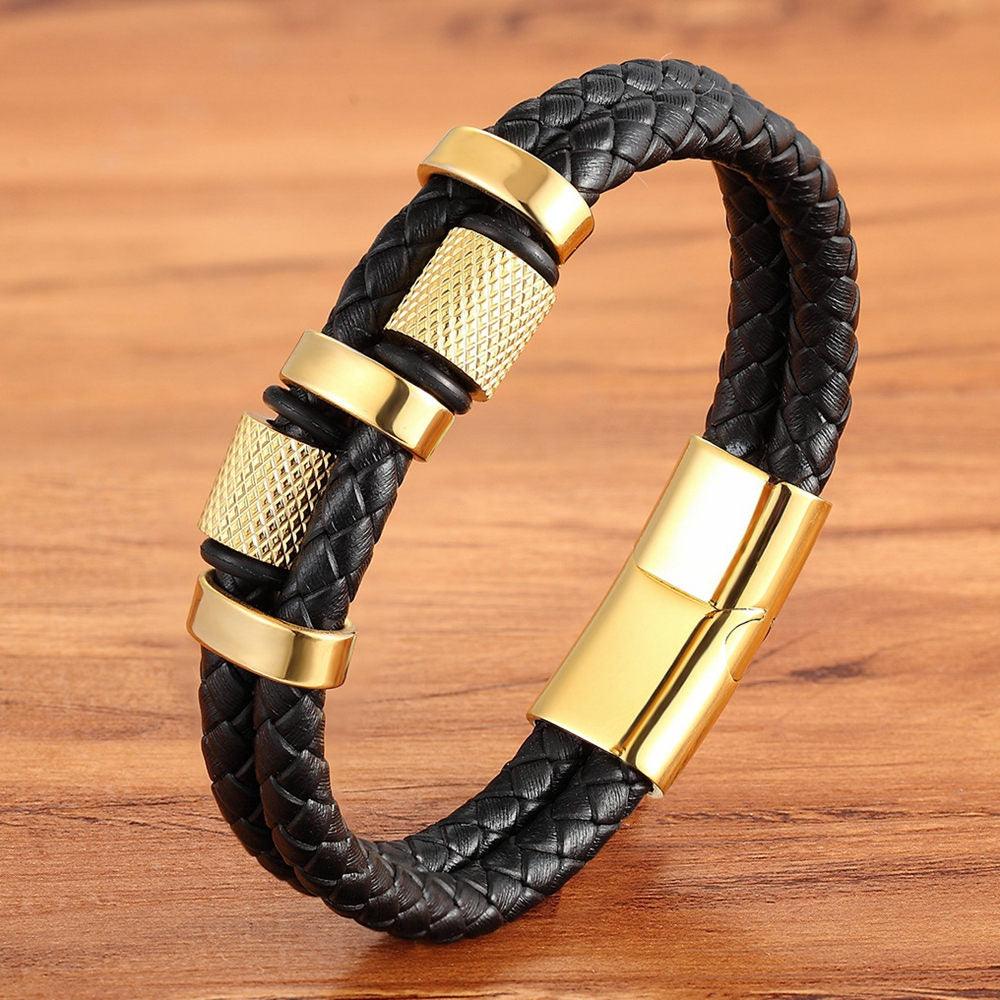 Pulseira Gueron Masculina em Couro Trançado com Detalhes Pretos | Luxej ©