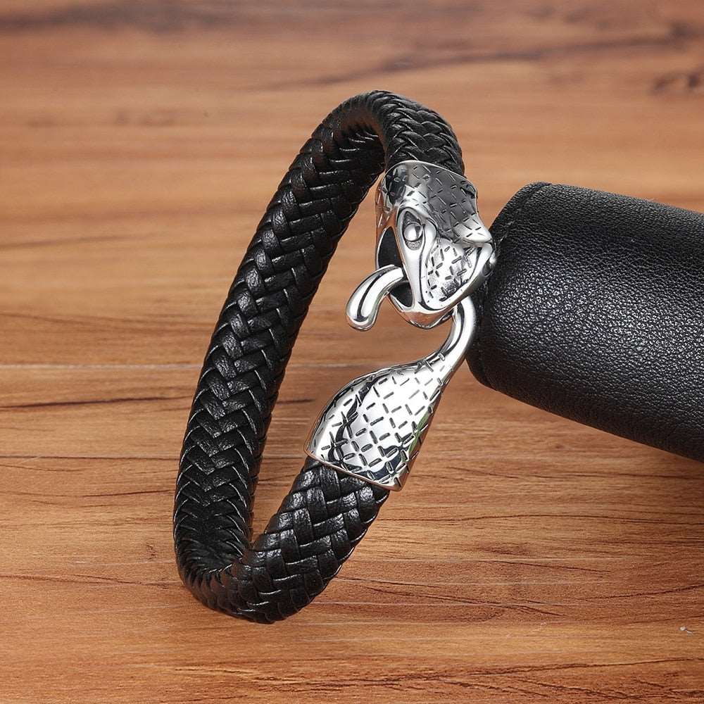 Pulseira Serpentrix Masculina em Couro Trançado com Detalhe de Cobra | Luxej ©