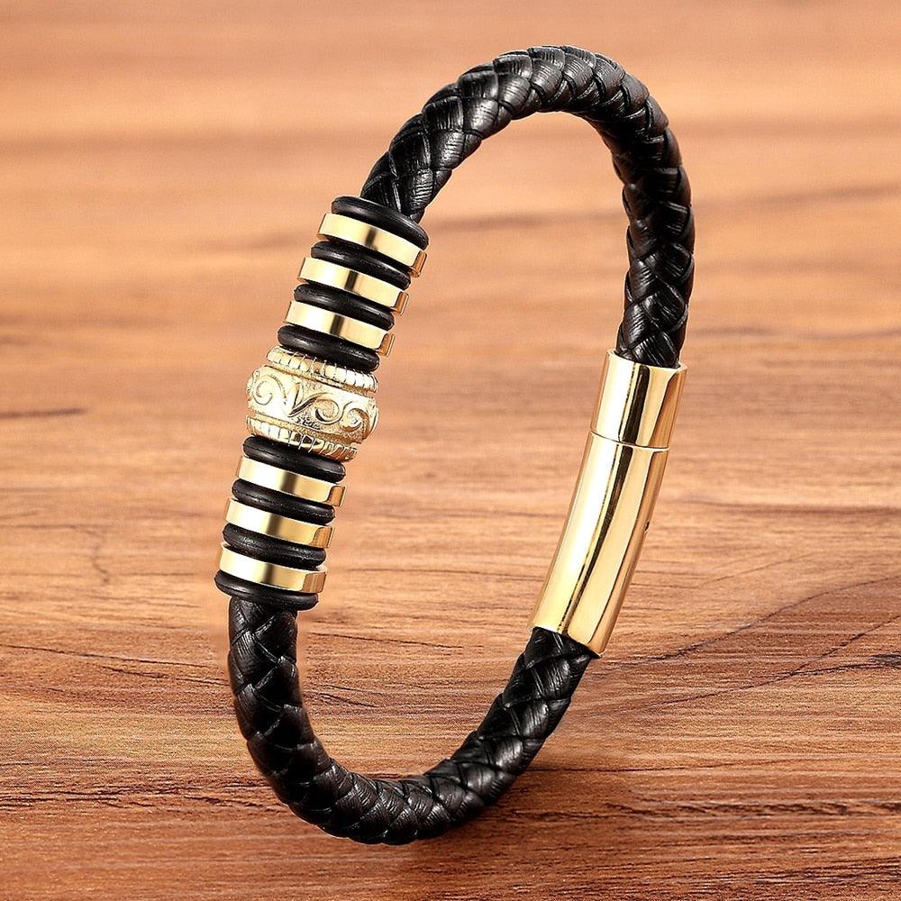 Pulseira Graphik Masculina com Detalhes Dourados e Couro Trançado | Luxej ©