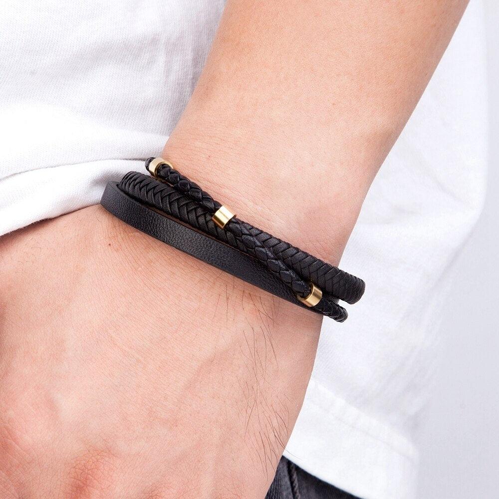 Pulseira Hansit Masculina em Couro Trançado com Fecho Preto Fosco | Luxej ©