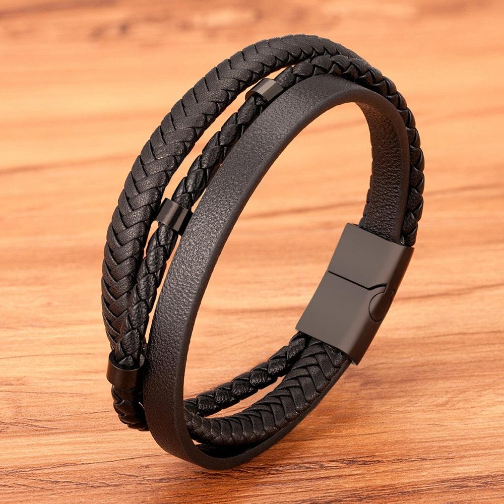 Pulseira Hansit Masculina em Couro Trançado com Fecho Preto Fosco | Luxej ©