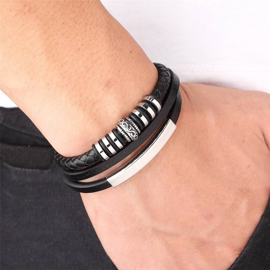 Pulseira Irregraphiks Masculina Minimalista em Couro com Aço Inoxidável | Luxej ©