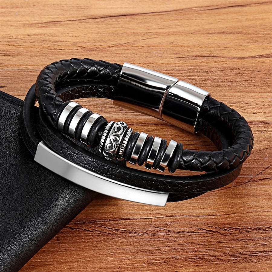 Pulseira Irregraphiks Masculina Minimalista em Couro com Aço Inoxidável | Luxej ©