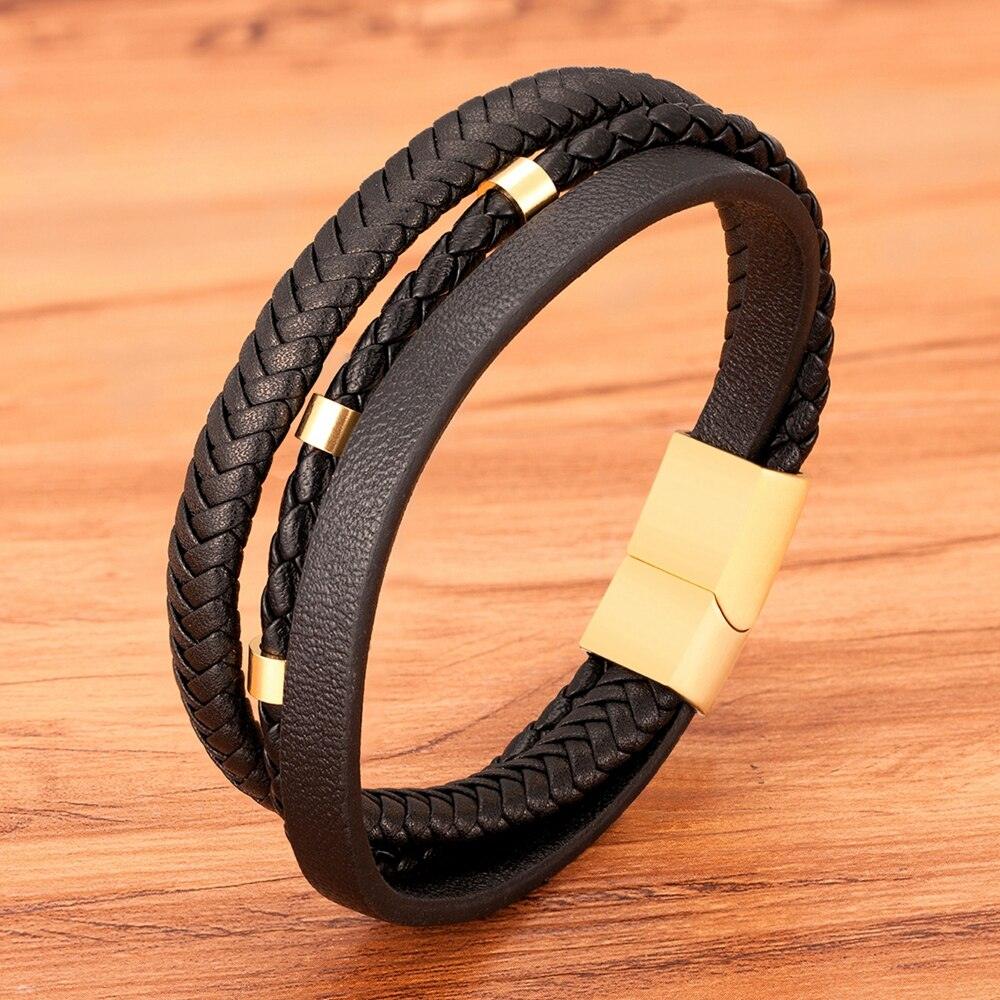 Pulseira Hansit Masculina em Couro Trançado com Fecho Preto Fosco | Luxej ©