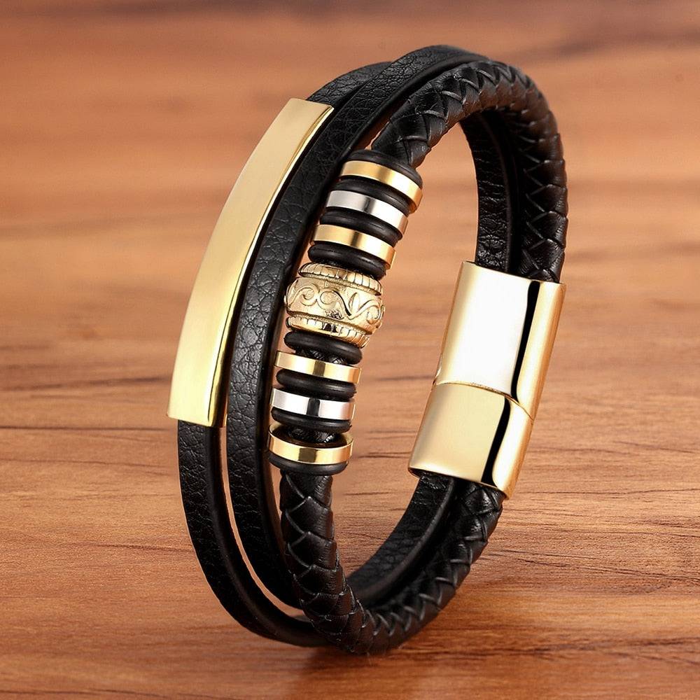 Pulseira Goldettrical de Couro Masculina com Detalhes Dourados | Luxej ©