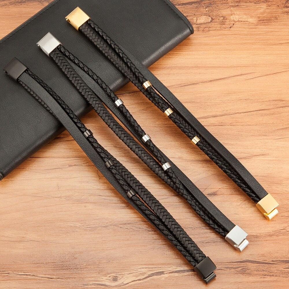 Pulseira Hansit Masculina em Couro Trançado com Fecho Preto Fosco | Luxej ©