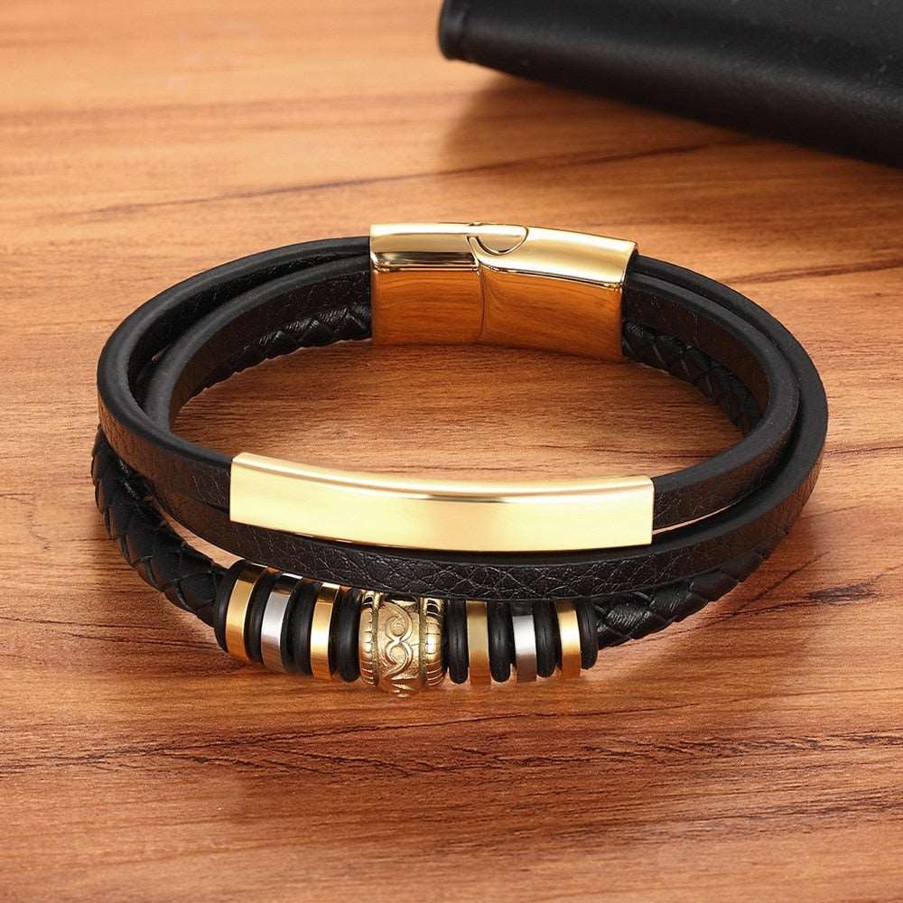 Pulseira Goldettrical de Couro Masculina com Detalhes Dourados | Luxej ©