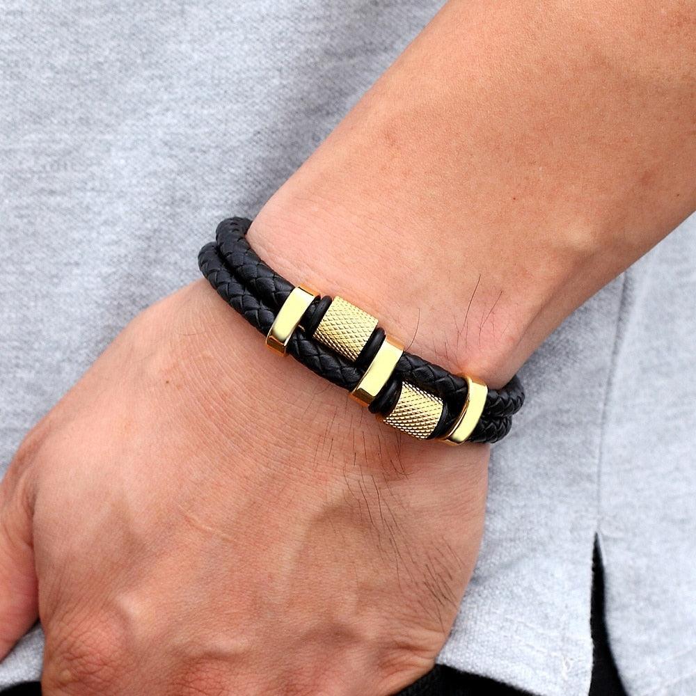 Pulseira Gueron Masculina em Couro Trançado com Detalhes Pretos | Luxej ©