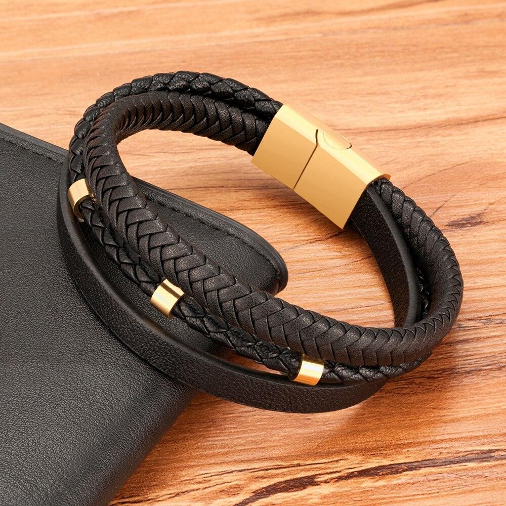 Pulseira Hansit Masculina em Couro Trançado com Fecho Preto Fosco | Luxej ©