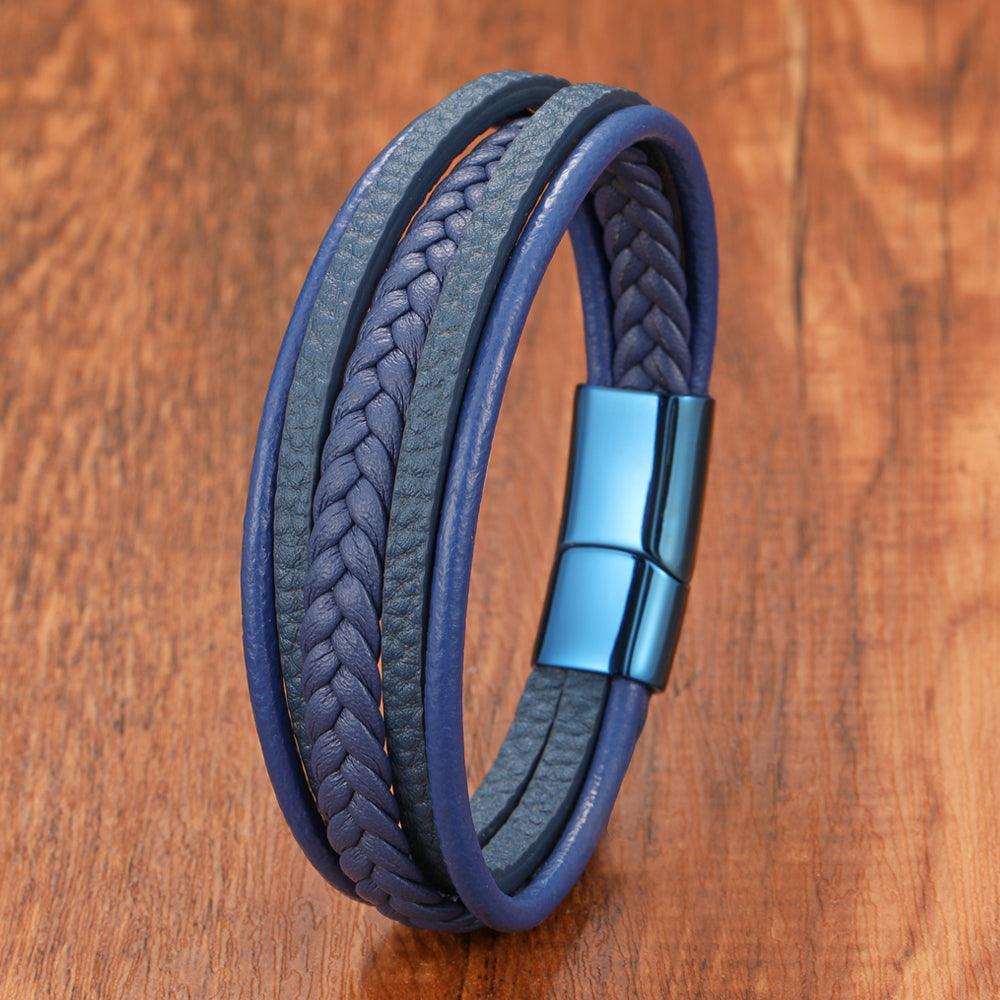 Pulseira Masculina Ocean de Couro Trançado Azul com Fecho Magnético | Luxej ©
