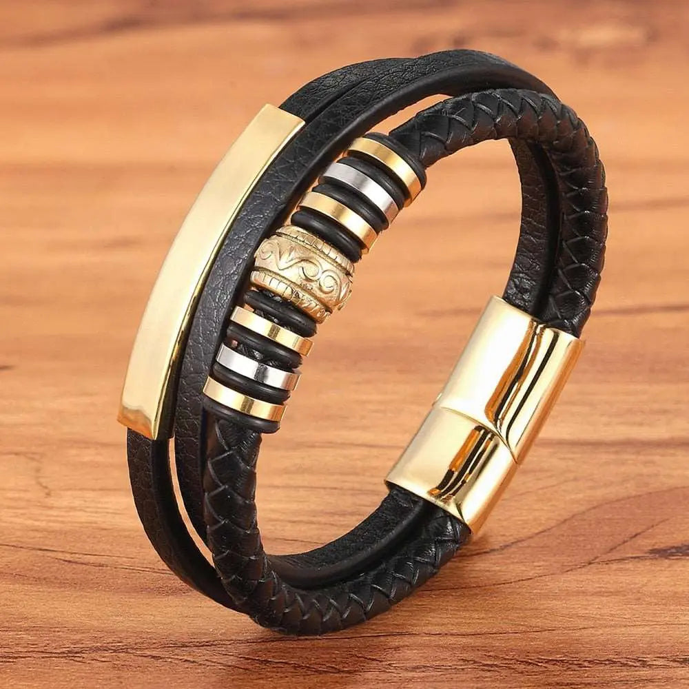 Pulseira Goldettrical de Couro Masculina com Detalhes Dourados | Luxej ©