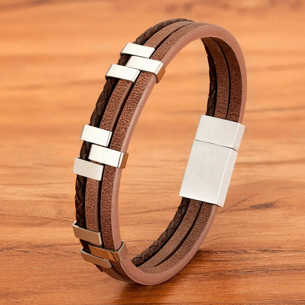 Pulseira Marm Feich Masculina de Couro e Aço Inoxidável | Luxej ©