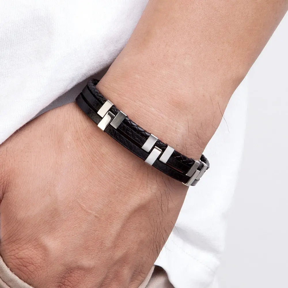 Pulseira Petra Feich Masculina Minimalista de Couro e Aço Inoxidável | Luxej ©