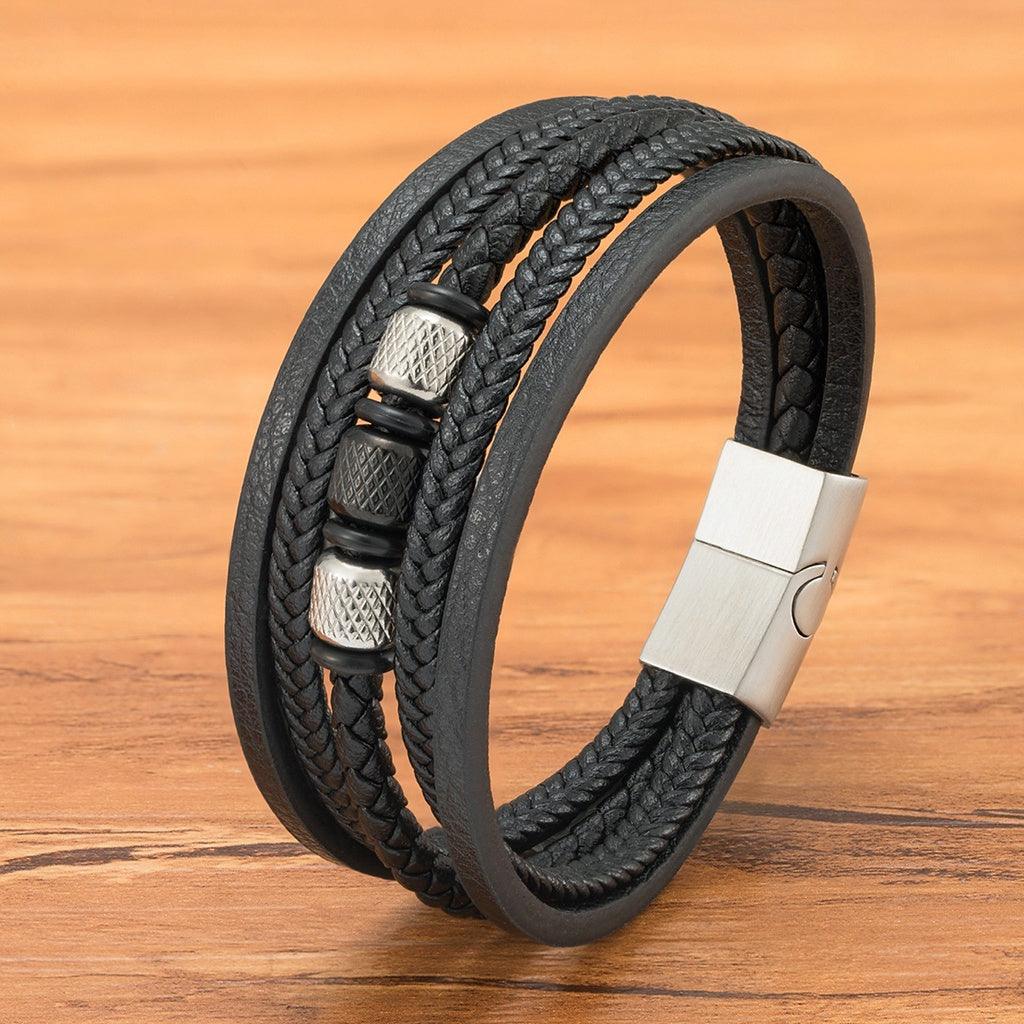 Pulseira Veigh de Couro e Aço Inoxidável Masculina Minimalista | Luxej ©