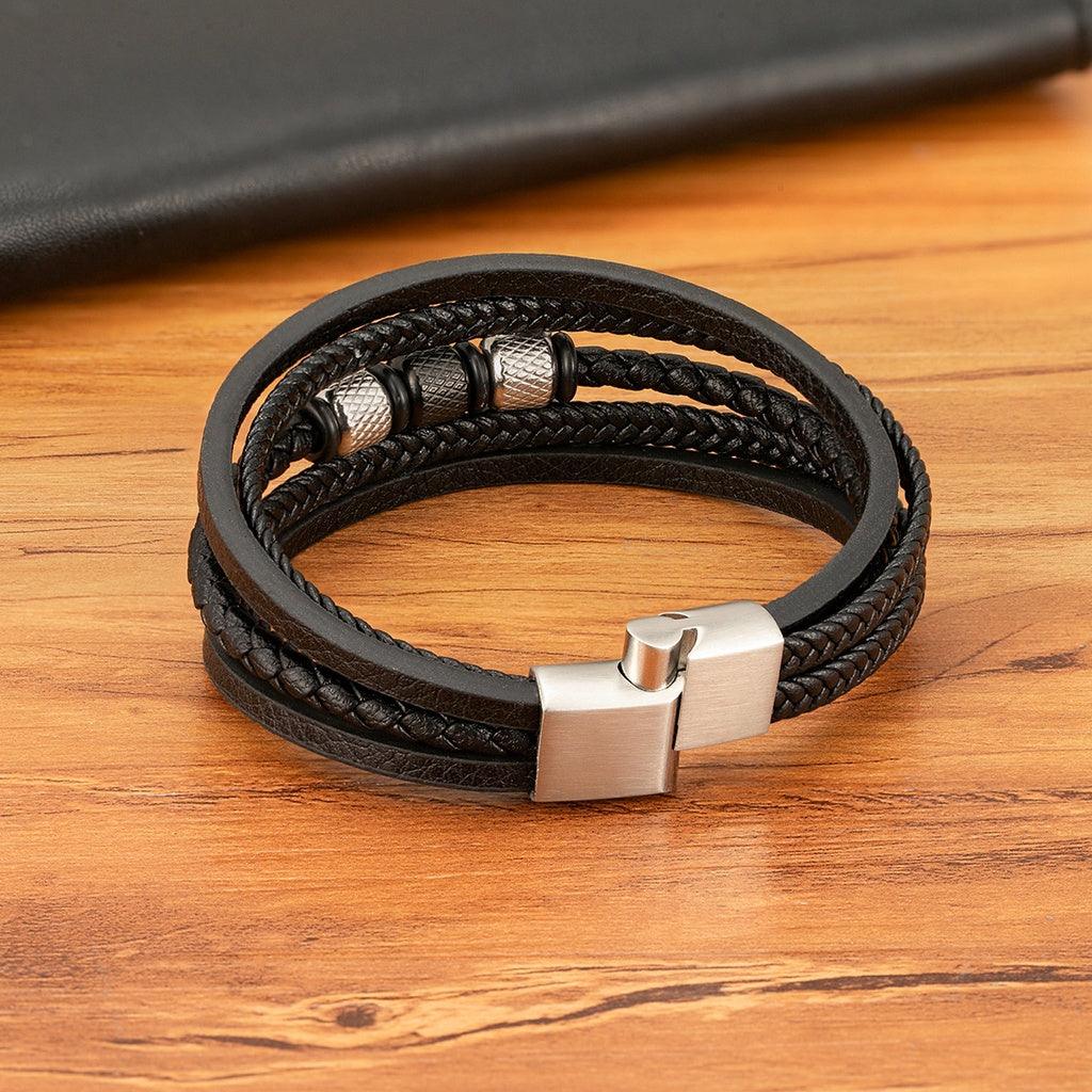 Pulseira Veigh de Couro e Aço Inoxidável Masculina Minimalista | Luxej ©