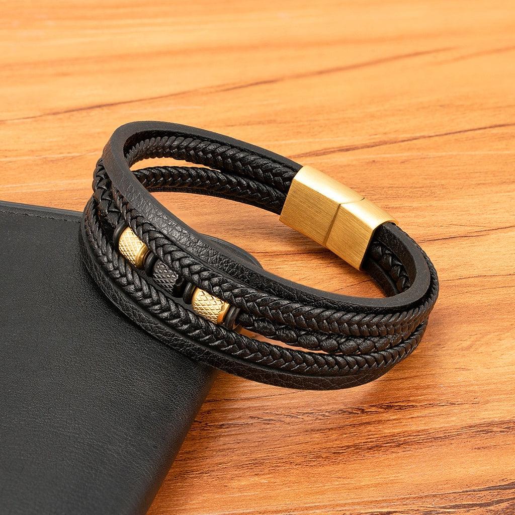 Pulseira Veigh de Couro e Aço Inoxidável Masculina Minimalista | Luxej ©
