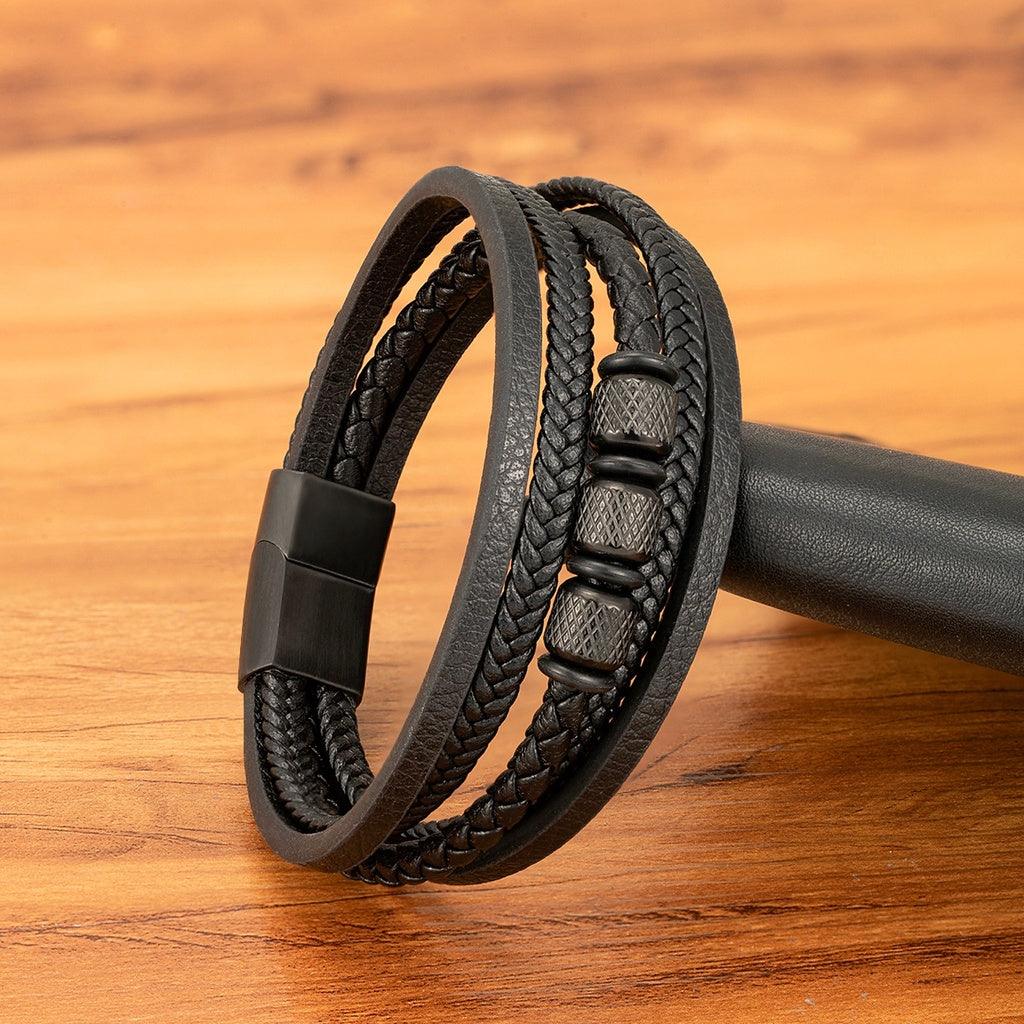 Pulseira Veigh de Couro e Aço Inoxidável Masculina Minimalista | Luxej ©