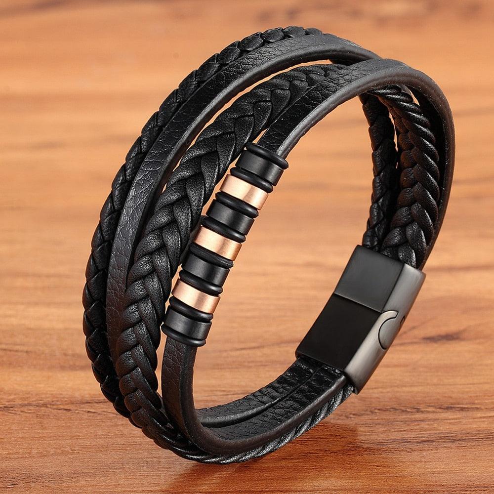 Pulseira Masculina Micik de Couro Trançado e Aço Inoxidável | Luxej ©