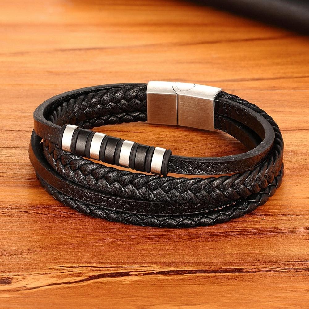 Pulseira Masculina Micik de Couro Trançado e Aço Inoxidável | Luxej ©