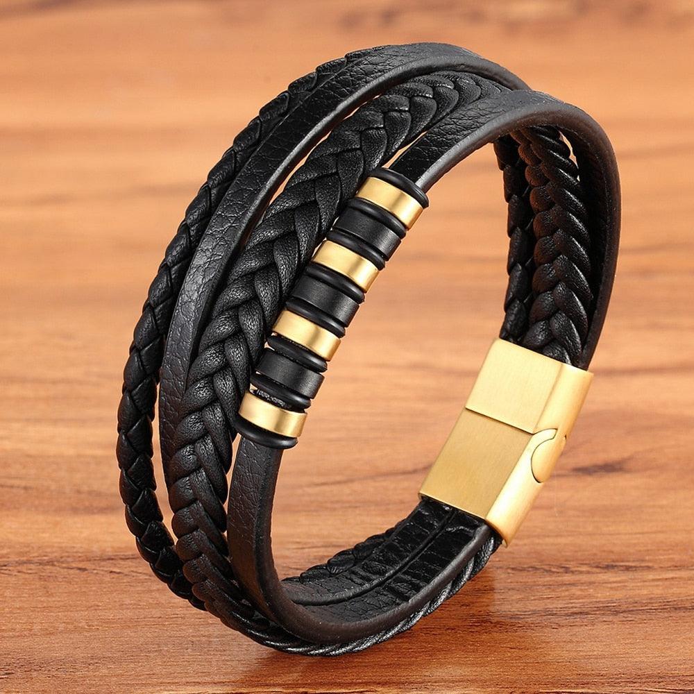 Pulseira Masculina Micik de Couro Trançado e Aço Inoxidável | Luxej ©