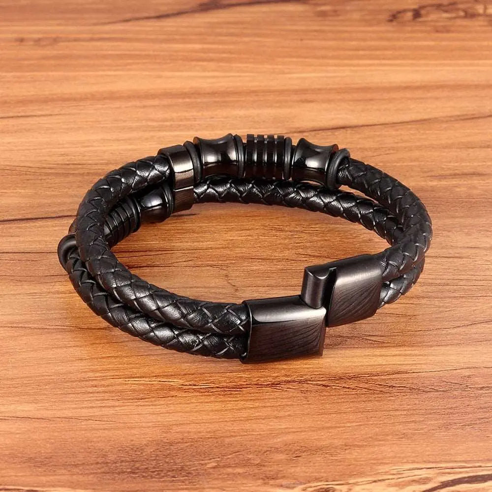 Pulseira Perolwicke Masculina Minimalista de Couro e Aço Inoxidável | Luxej ©